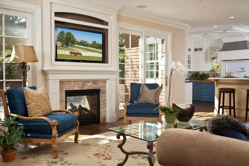 traditional interior decorating for living room with fireplace and tv