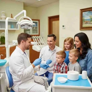 Dentist in white coat showing a dental instrument to smiling family of four in a bright clinic with dental chair nearby, smiling children watchfully attentive.
