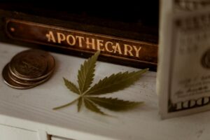 Cannabis leaf on a white surface beside a vintage apothecary sign and coins.