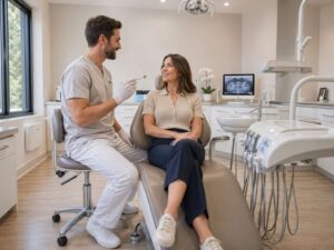 Dental clinician in scrubs chats with a seated patient in a dental chair, discussing treatment in a modern clinic.